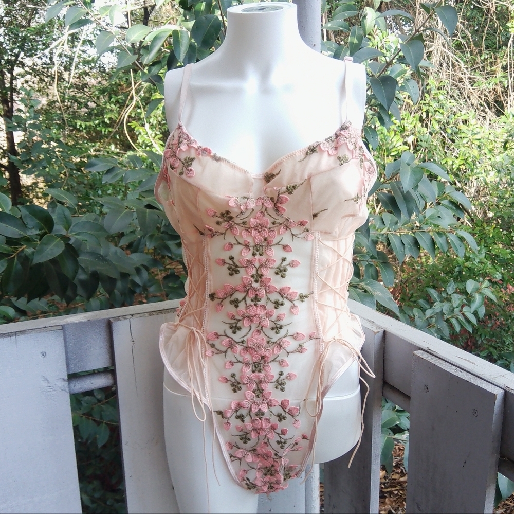 NOT FOR SALE embroidered Sheer Mesh  Lace Up bodysuit teddy